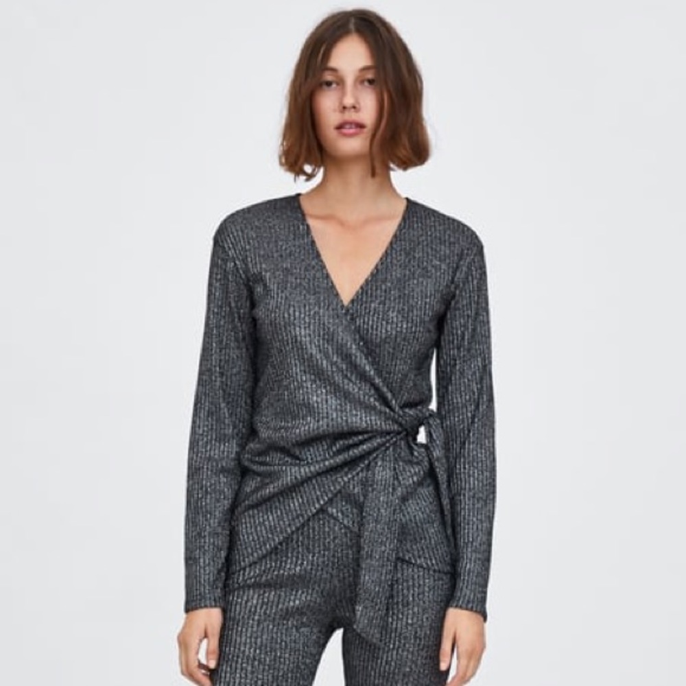 ZARA Gray METALLIC Silver RIBBED Wrap Top NWT